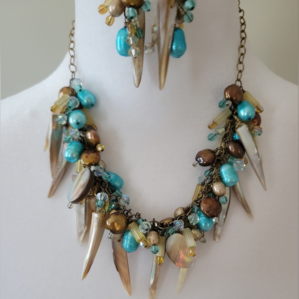 Teal, Brown, Cream Pearl & Dagger Necklace with Matching Earrings